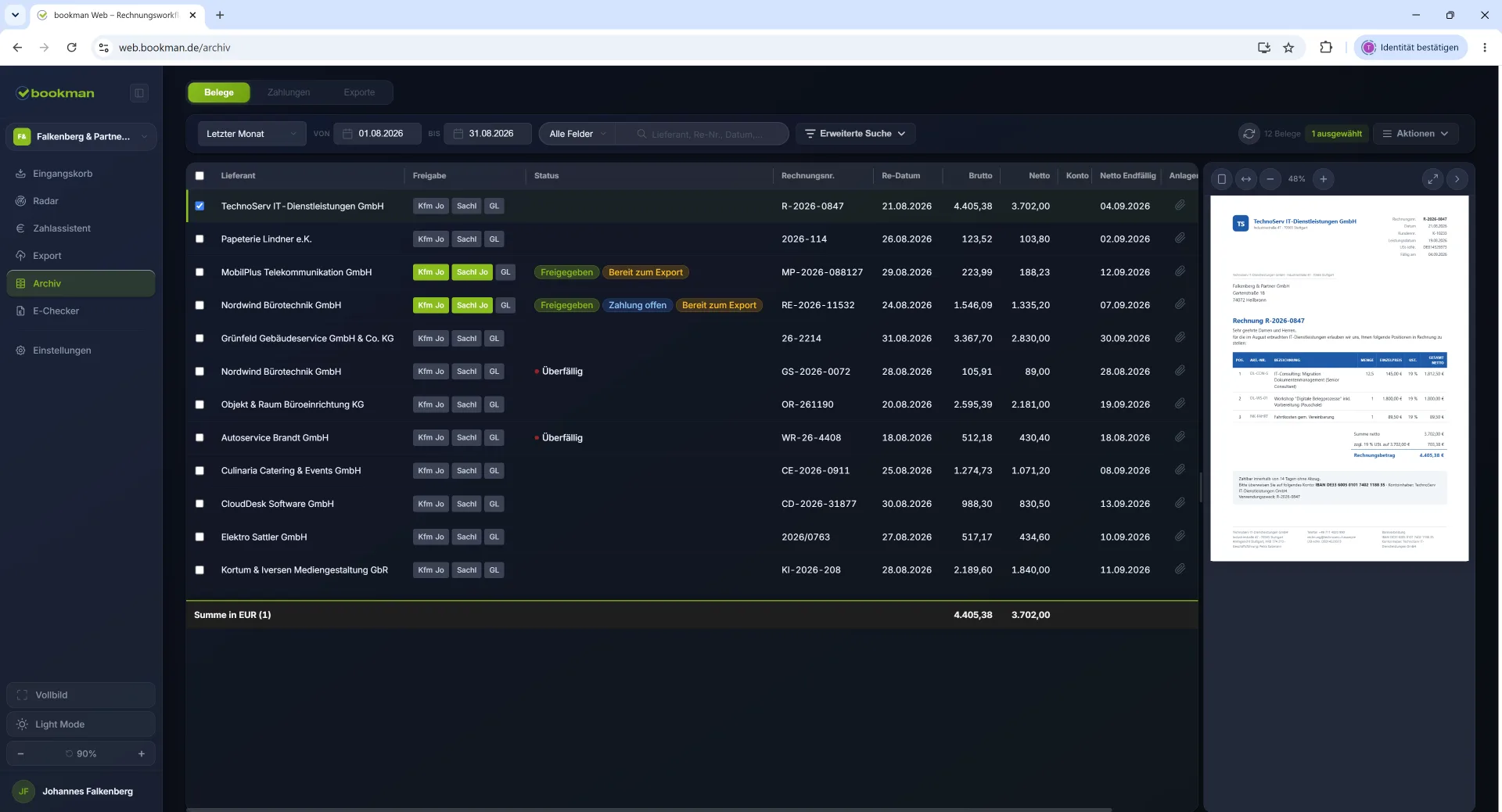 bookman Archiv im Dark Mode – durchsuchbare Belegablage mit Status, Beträgen und Summenzeile