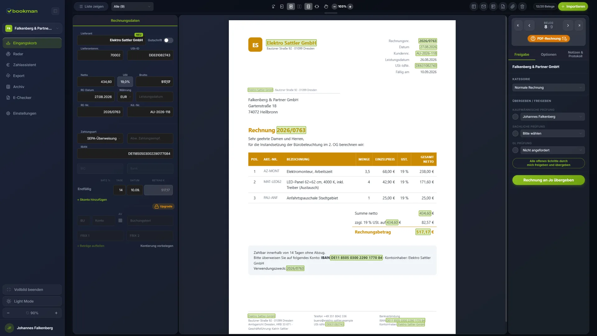 bookman im Dark Mode – Rechnung mit automatisch ausgelesenen und markierten Werten direkt am Beleg