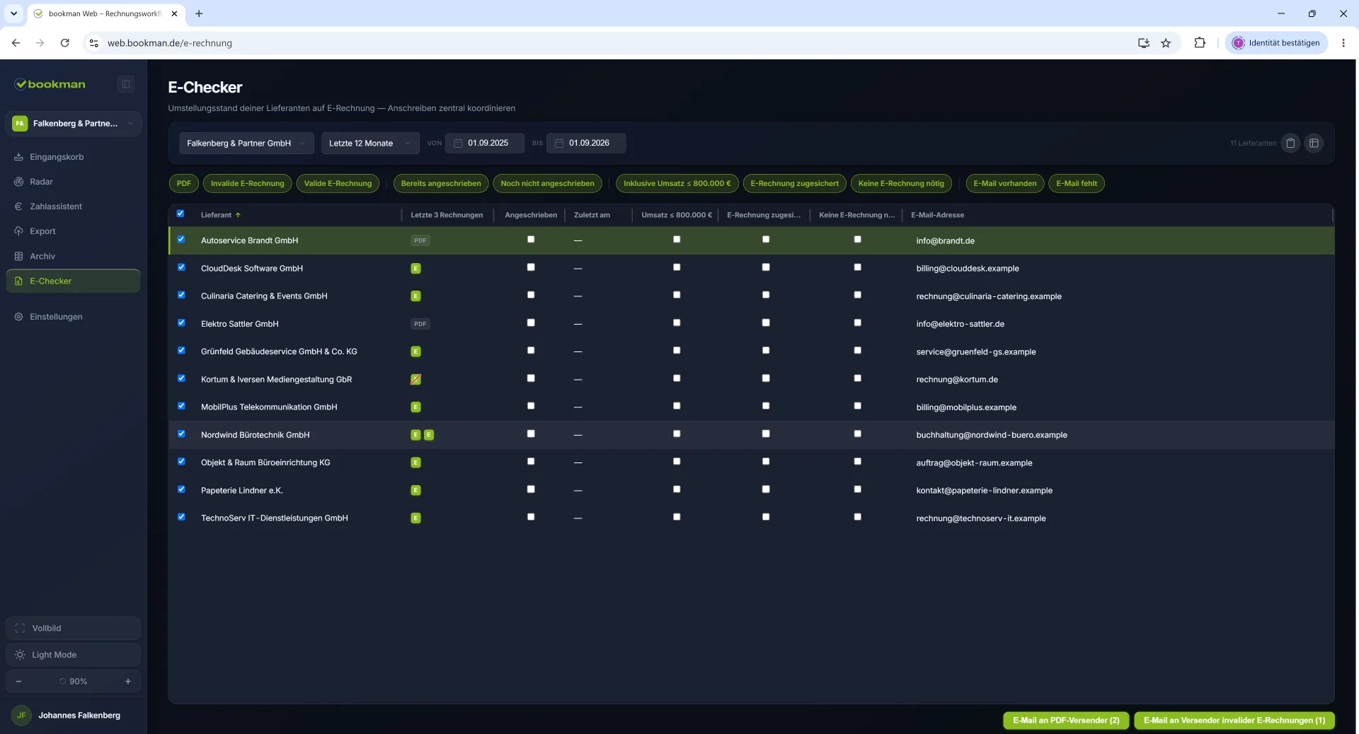 bookman E-Checker im Dark Mode – Umstellungsstand aller Lieferanten auf E-Rechnung mit Filtern