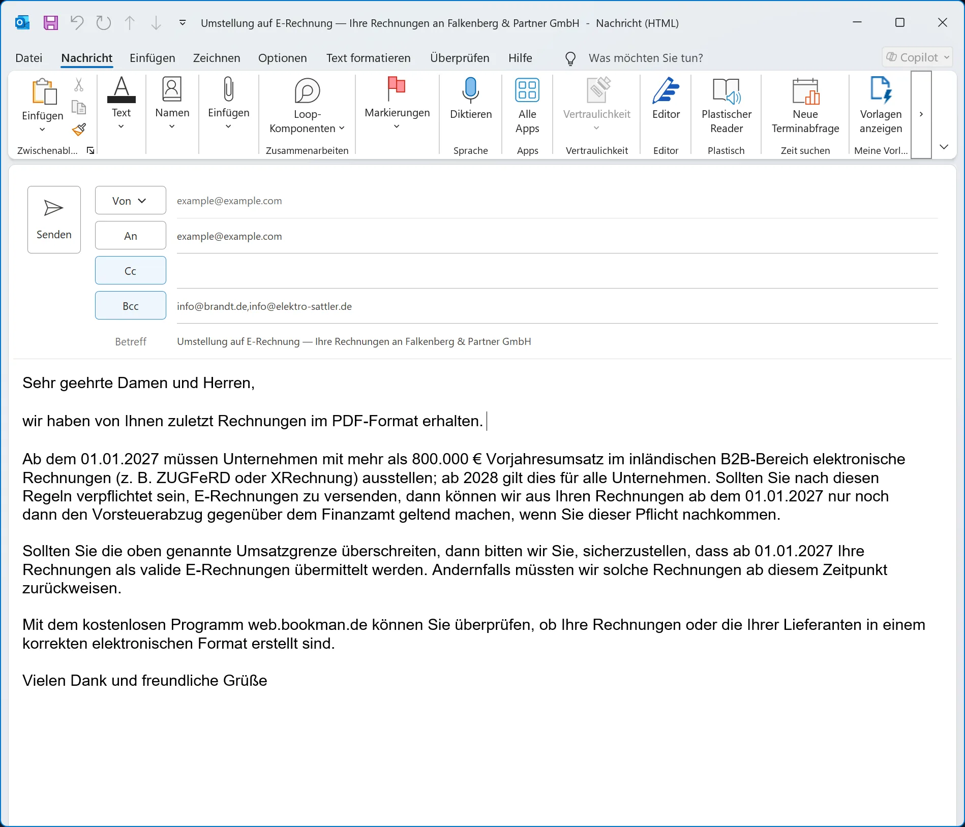 Outlook-Entwurf mit dem von bookman erzeugten Sammel-Anschreiben zur Umstellung auf E-Rechnung