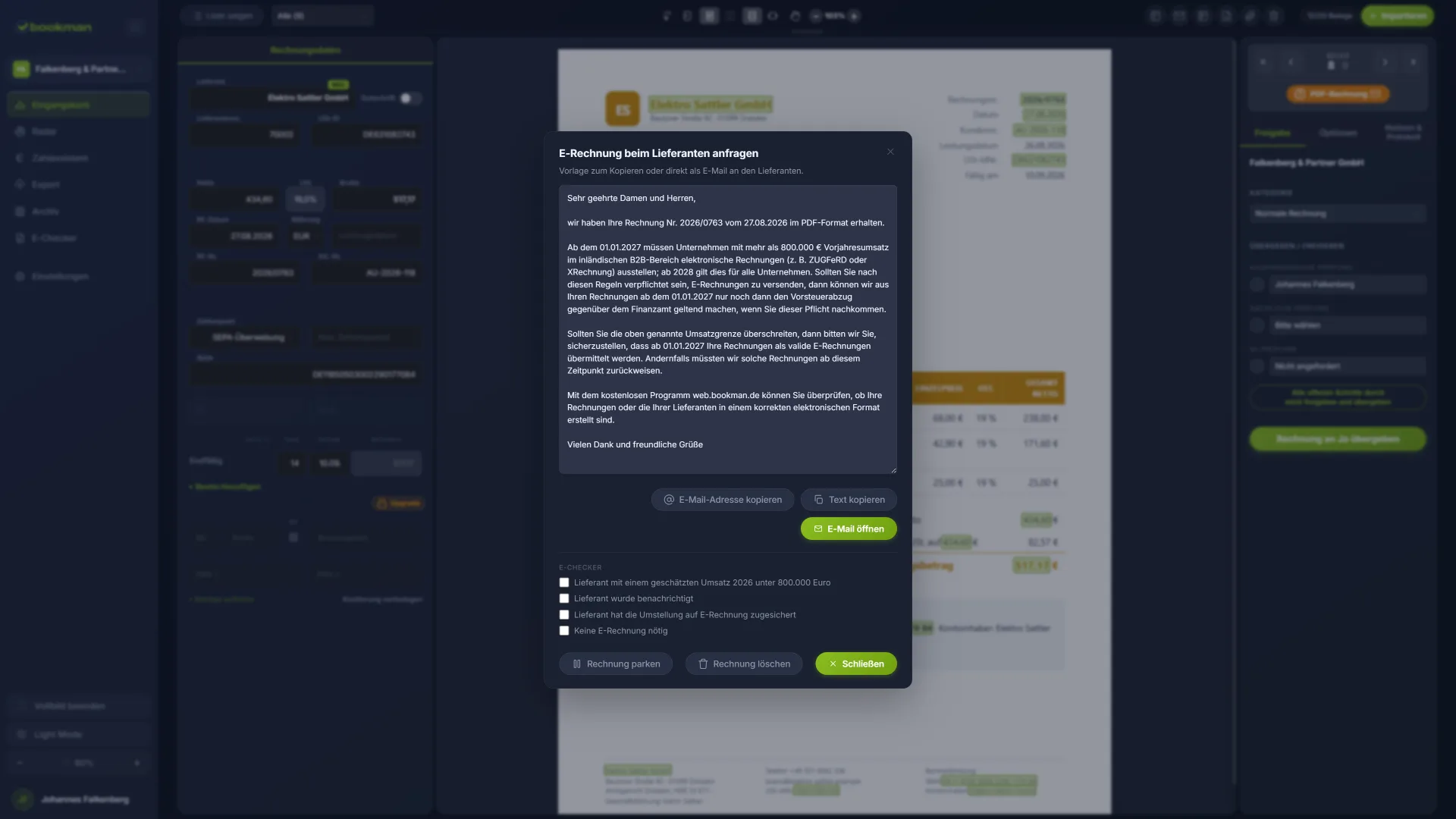 bookman Dialog im Dark Mode – fertige Textvorlage, um beim Lieferanten eine E-Rechnung anzufragen, mit Vermerk-Optionen