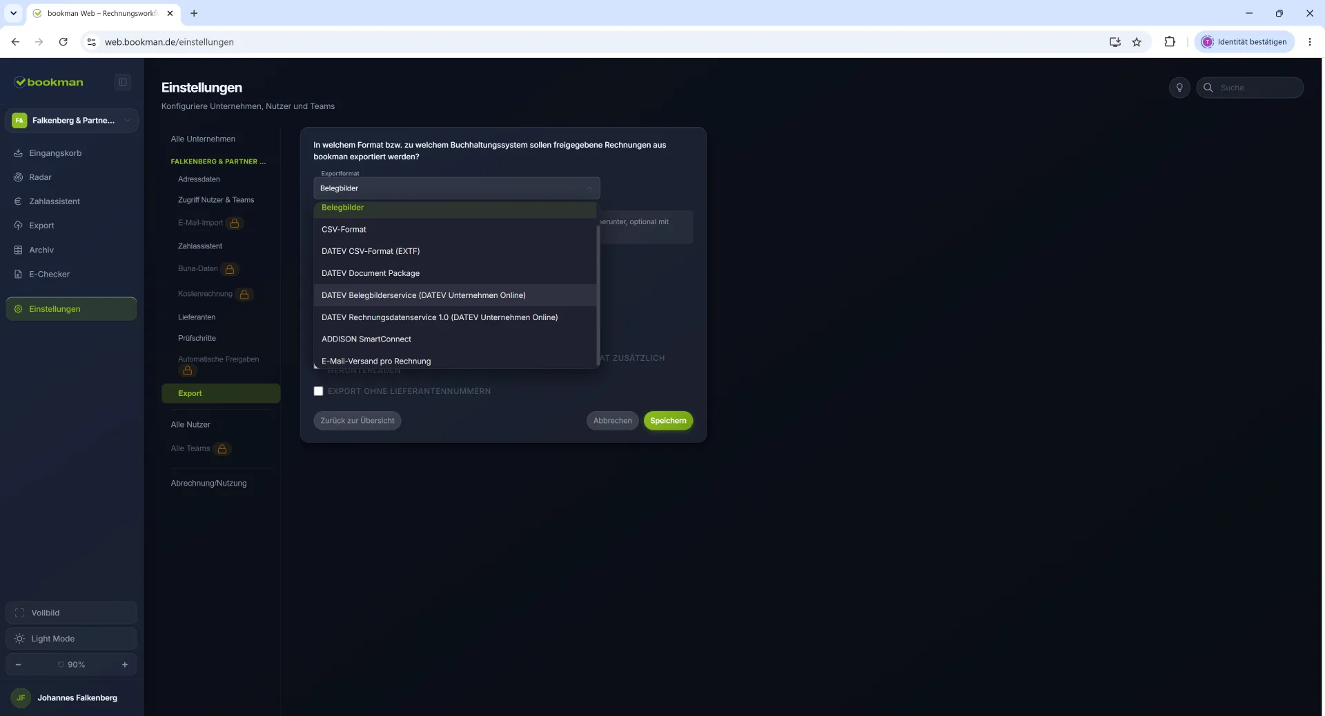 bookman Export-Einstellungen im Dark Mode – Auswahl des Exportformats, u. a. DATEV Belegbilder- und Rechnungsdatenservice, ADDISON und CSV