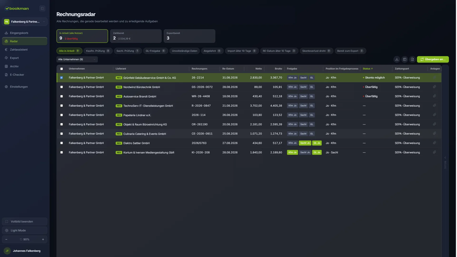 bookman Rechnungsradar im Dark Mode – Statuskacheln, Filter und alle Rechnungen in Bearbeitung