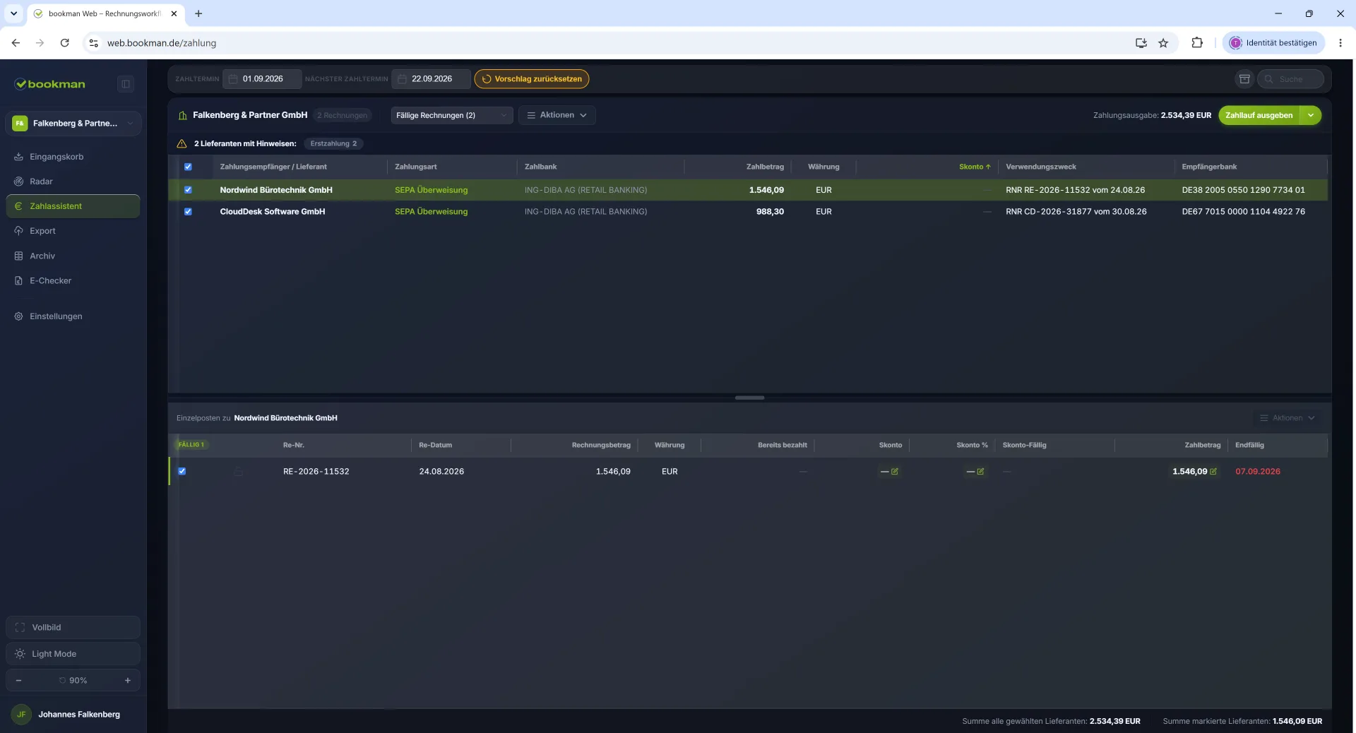 bookman Zahlassistent im Dark Mode – Zahlungsvorschlag mit fälligen Rechnungen, Skonto und Zahllauf