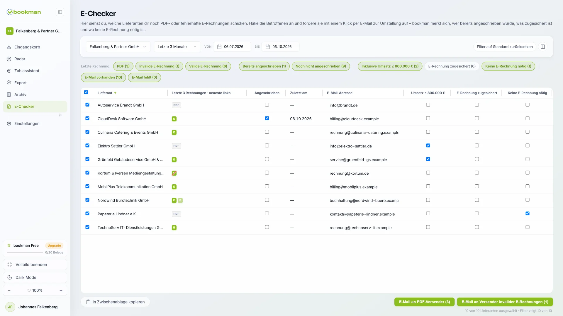 bookman E-Checker – Umstellungsstand aller Lieferanten auf E-Rechnung mit Filtern