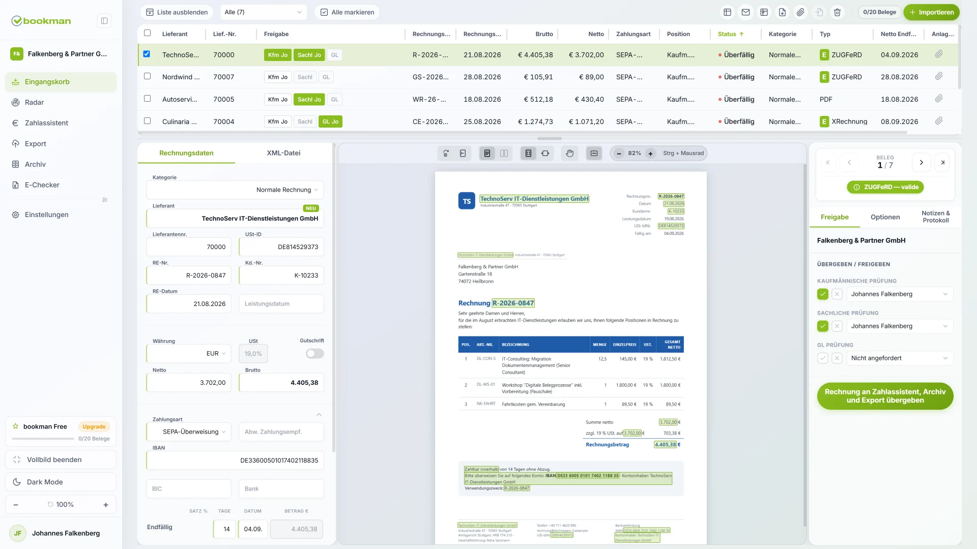 bookman Eingangskorb – Belegliste, ausgelesene Rechnungsdaten und Belegbild nebeneinander