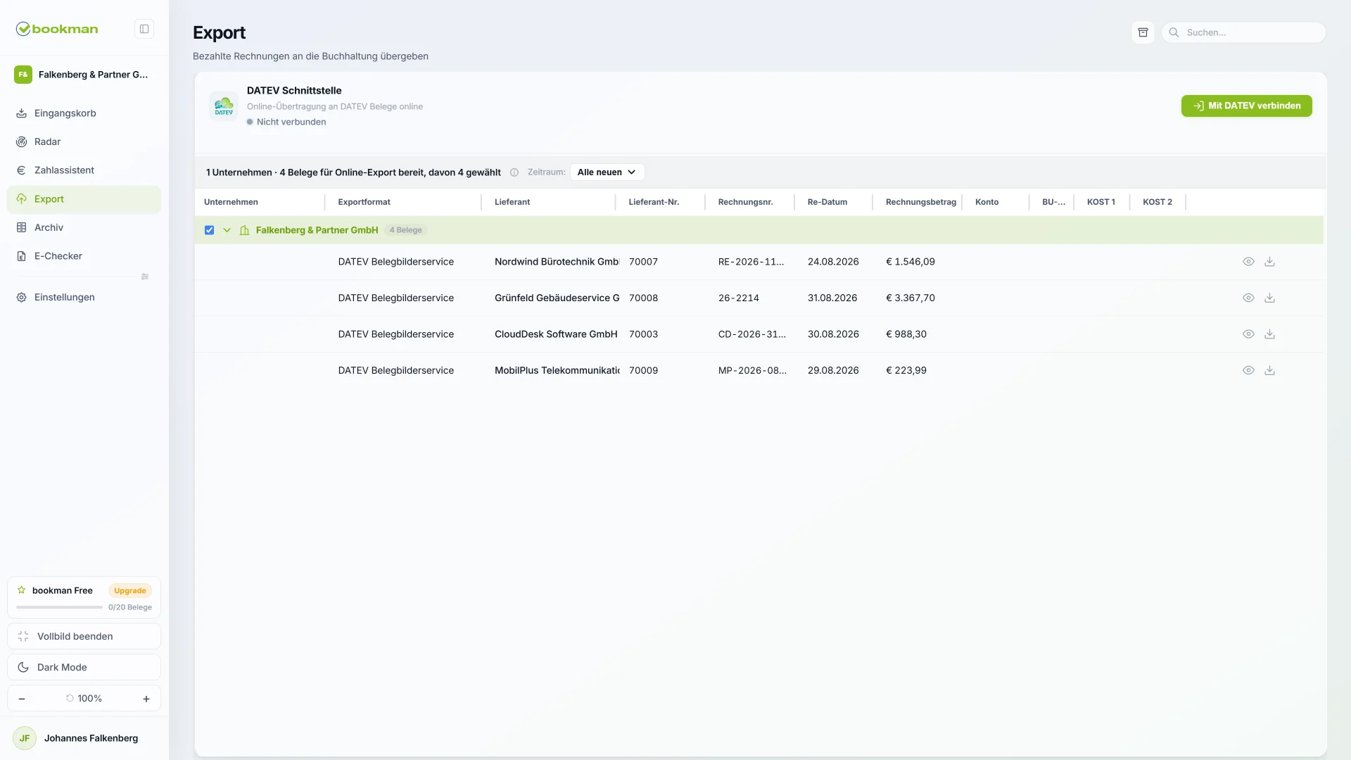 bookman Export-Einstellungen – Auswahl des Exportformats, u. a. DATEV Belegbilder- und Rechnungsdatenservice, ADDISON und CSV